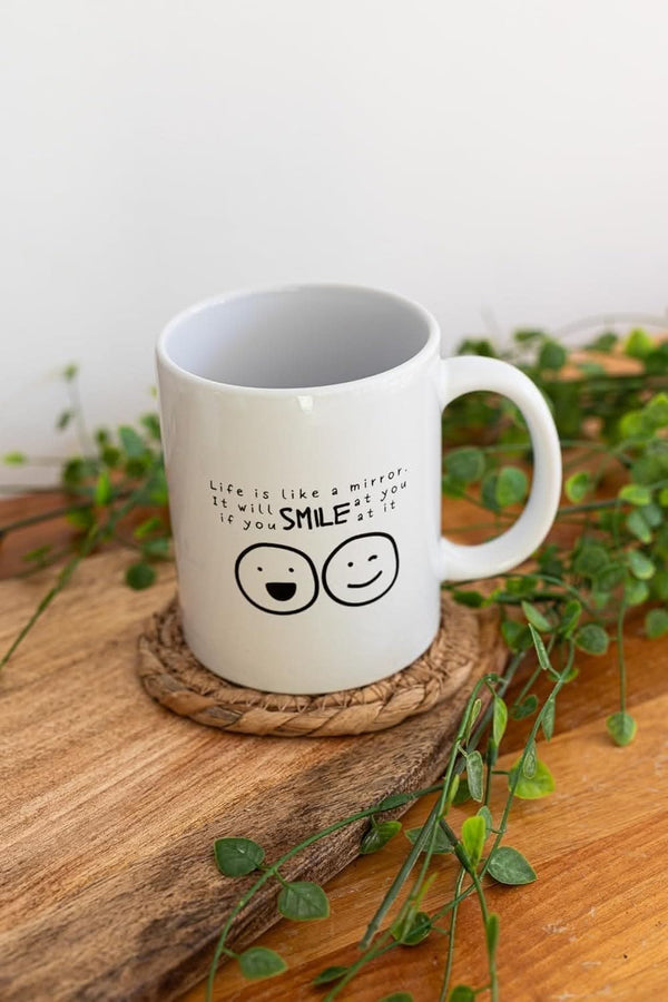 Ceramic quote mug filled with morning coffee