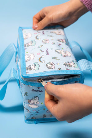 Blue lunch bag featuring rainbows hearts and ice creams