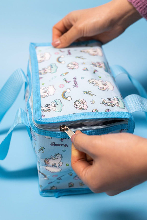 Blue lunch bag featuring rainbows hearts and ice creams
