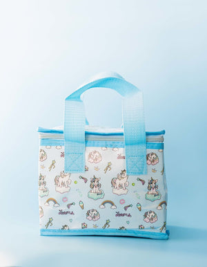 Kids lunch bag decorated with unicorns hearts and rainbows