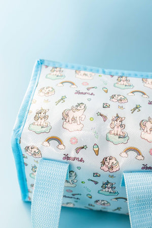 Reusable blue picnic bag with colourful unicorn print