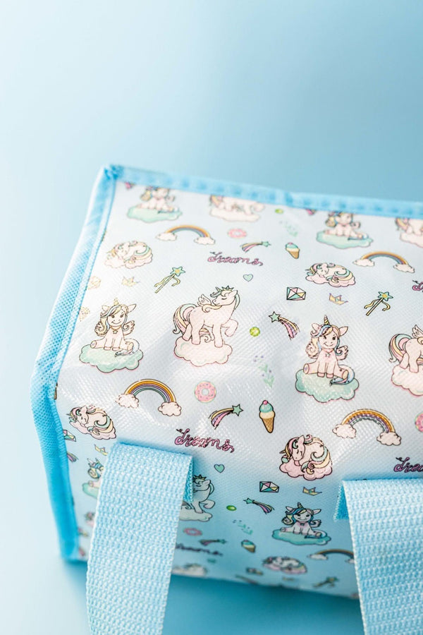 Reusable blue picnic bag with colourful unicorn print