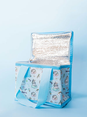 Blue insulated lunch bag featuring unicorn pattern