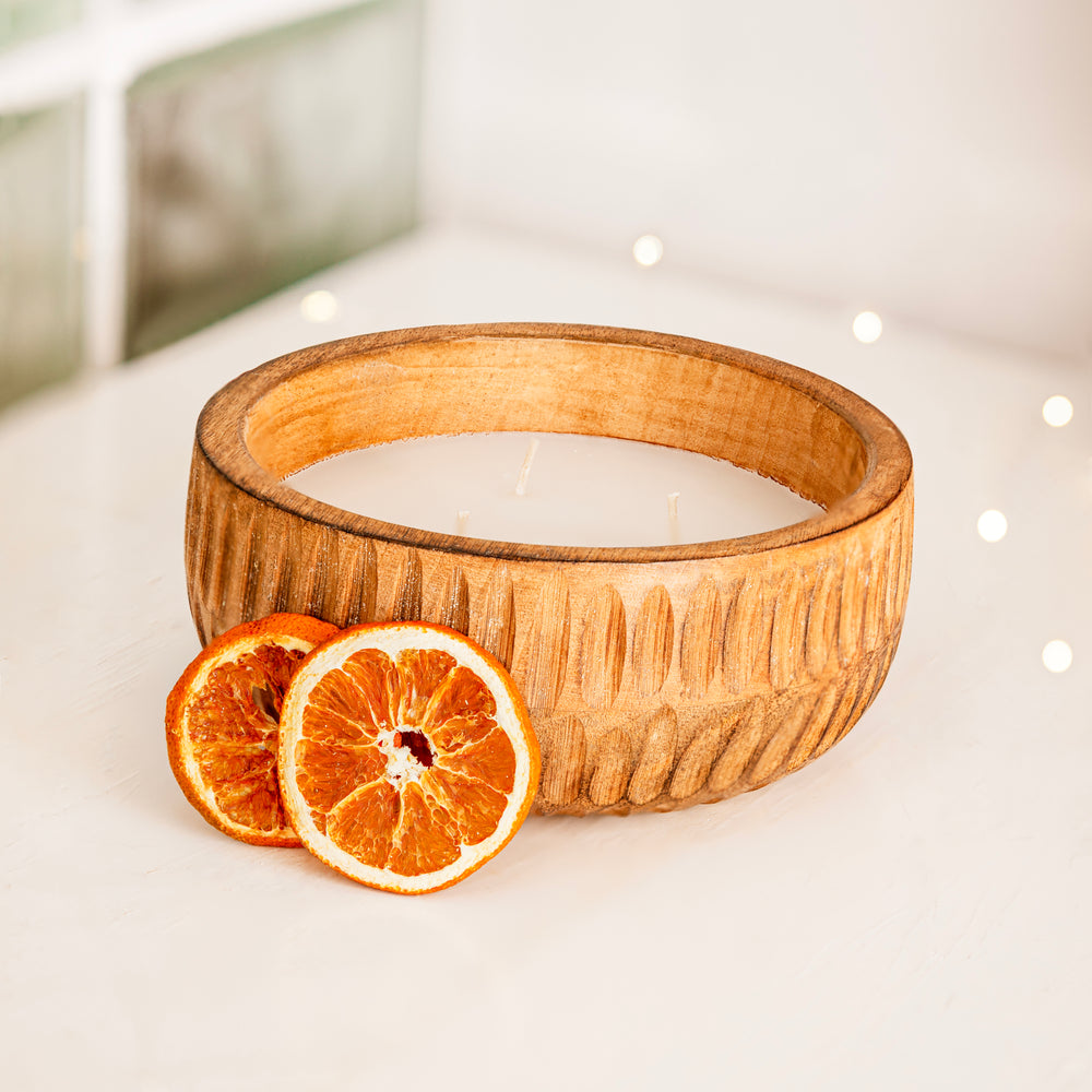 Large apple pie scented candle in a wooden container