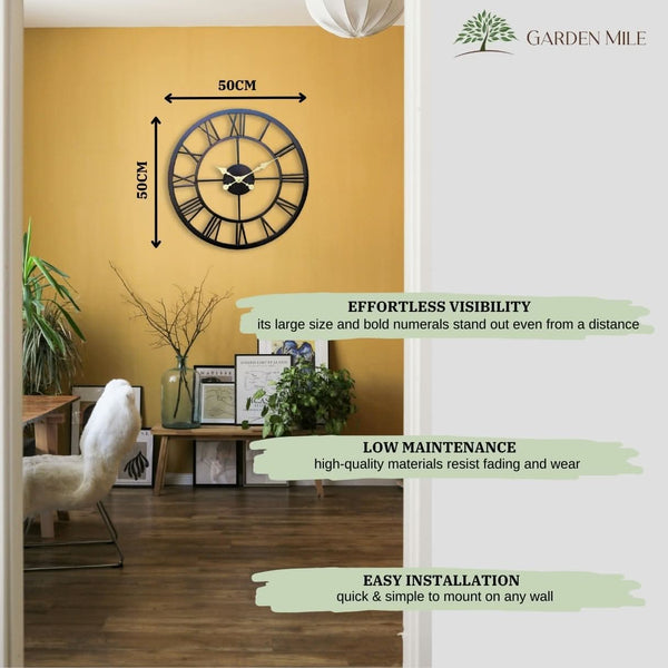 Black garden clock mounted above patio furniture