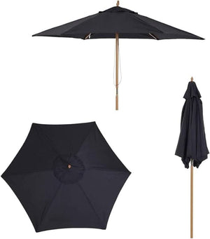Wooden pole garden parasol shown fully erected