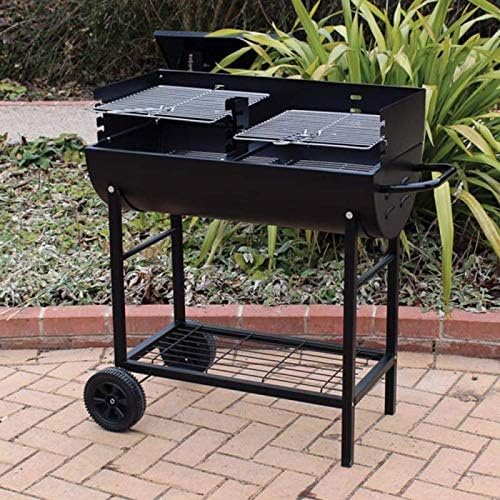 large charcoal BBQ grill with side shelves