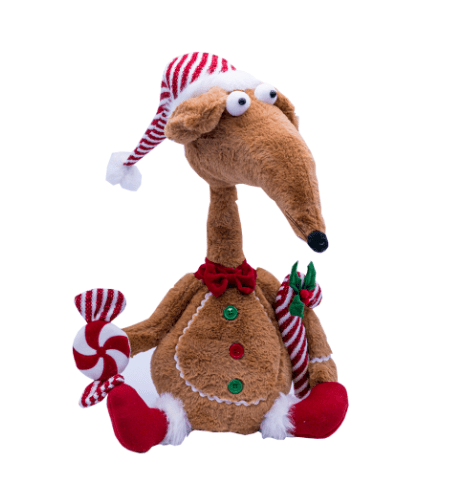 Large plush gingerbread rat shown standing indoors