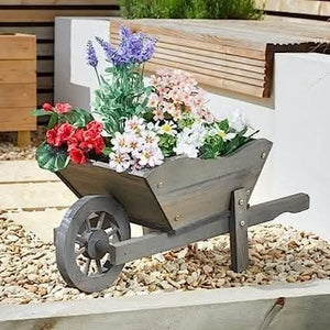 Large slate grey wooden wheelbarrow garden planter