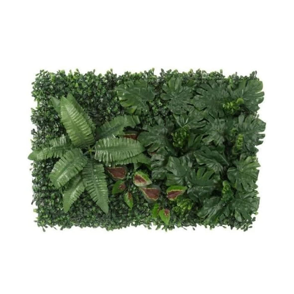 Artificial living wall panel with green leaves and flowers
