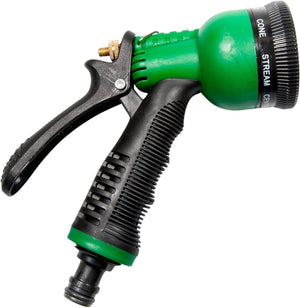 Garden hose nozzle with eight spray settings.