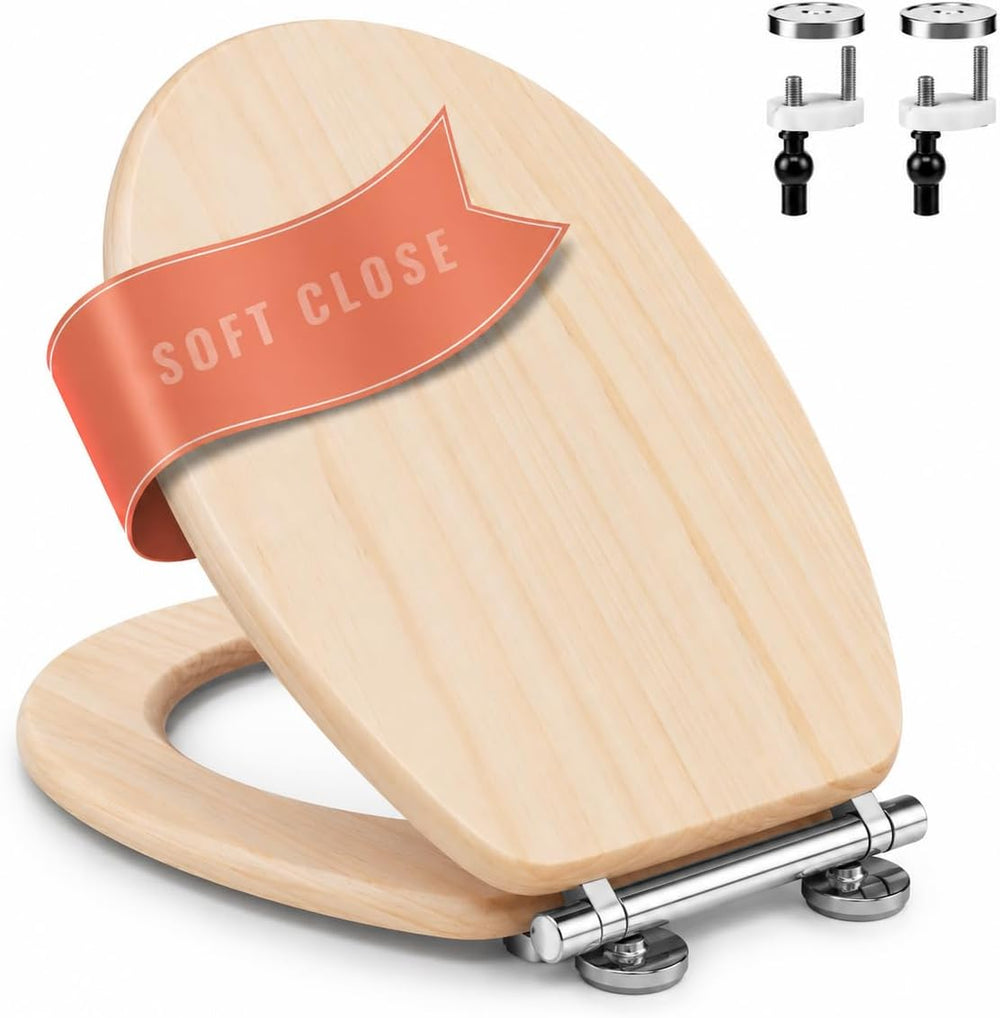 Light pine wood effect MDF toilet seat with soft close lid