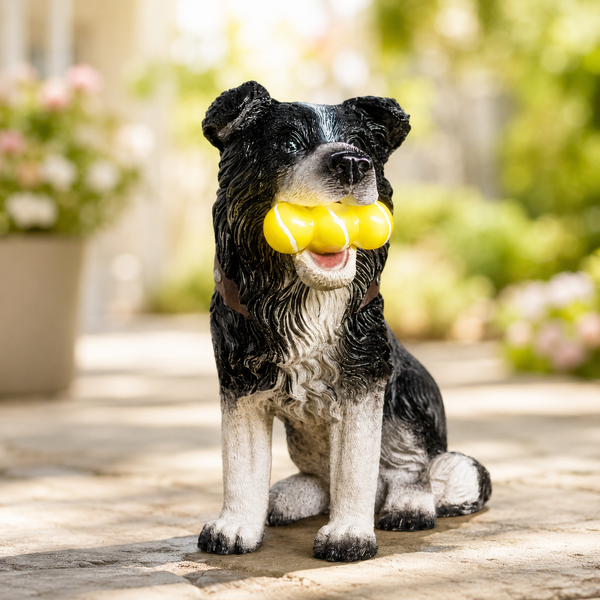 Resin puppy statue surrounded by tennis balls