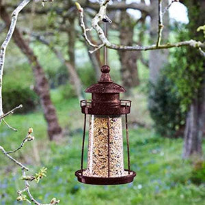 Metal lantern bird feeder with transparent seed chamber