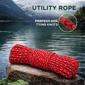 Strong red rope for securing tarpaulins.