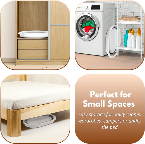 Oval collapsible washing basket for laundry.