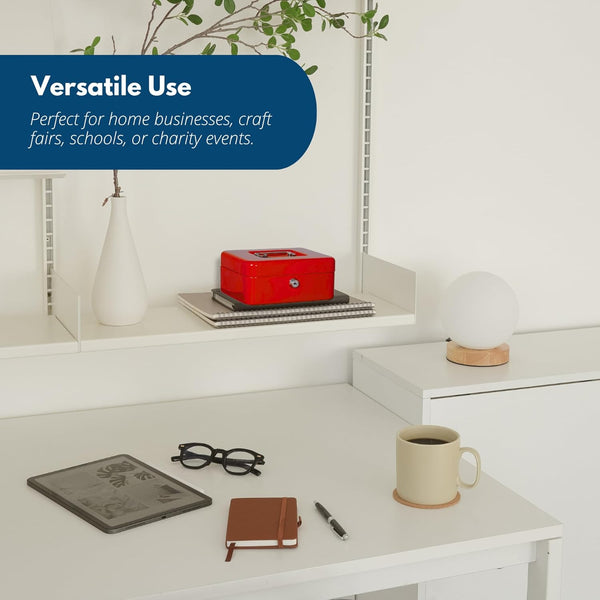 Compact steel petty cash tin in red.