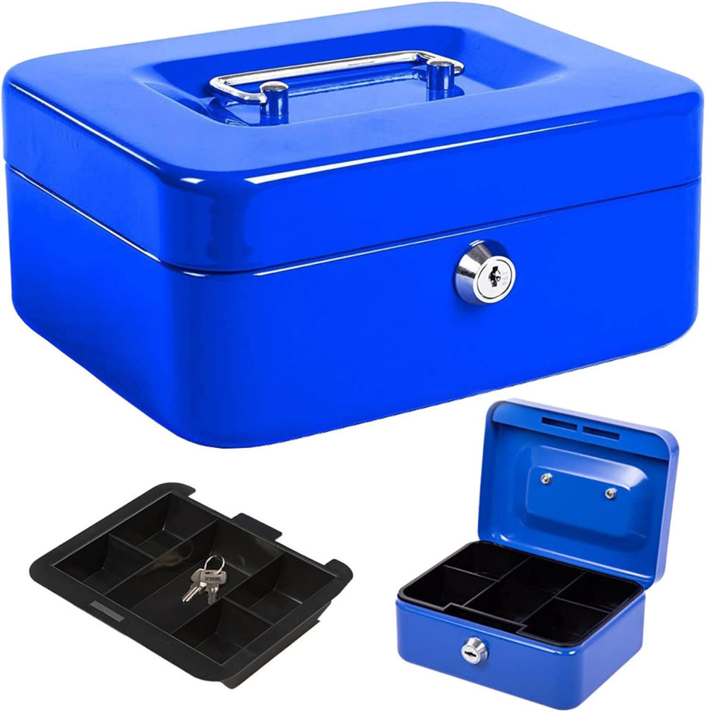 Blue lockable steel cash box with removable tray.