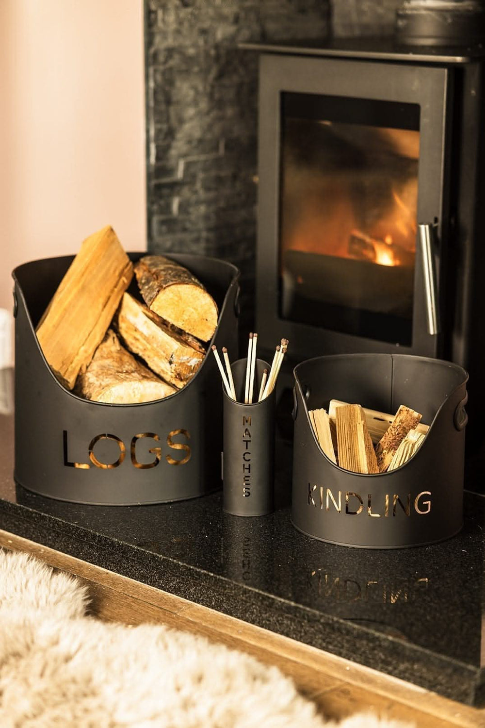 Three piece log kindling and matchstick holder set