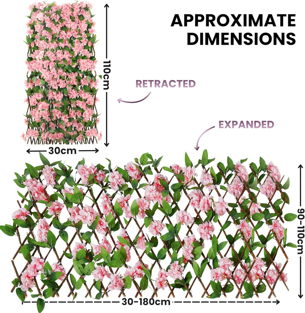 Expandable faux pink blossom trellis on willow lattice