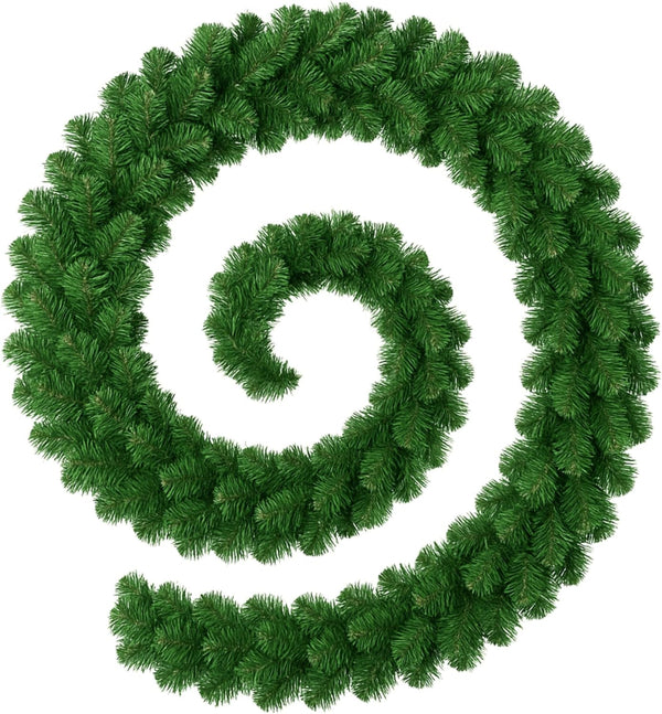 Green PVC pine garland displayed on mantel