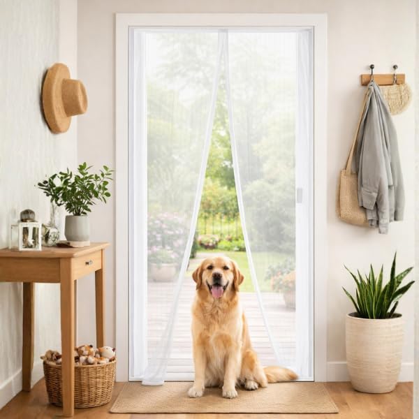 White magnetic fly screen door curtain installed