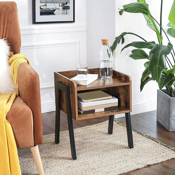 Wooden bedside table featuring durable steel legs