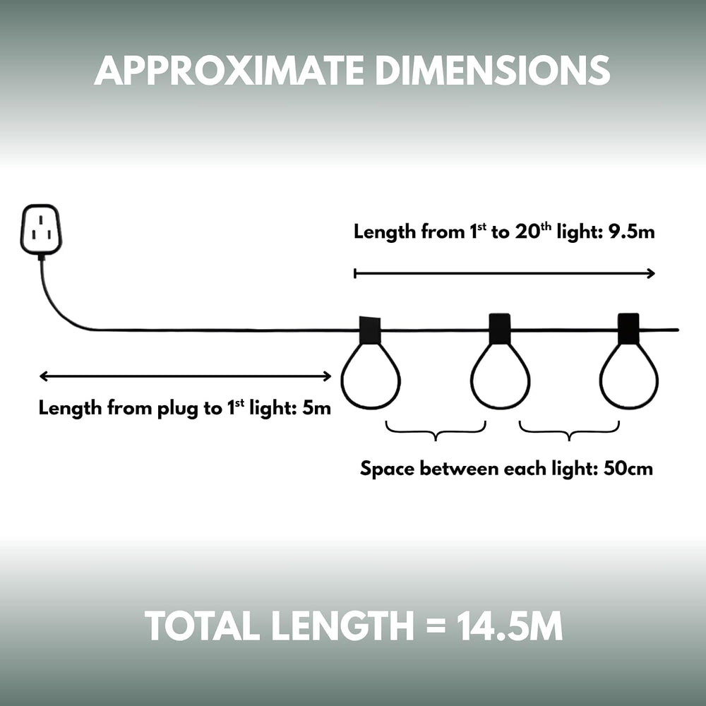 Waterproof outdoor festoon string lights 14.5 metres