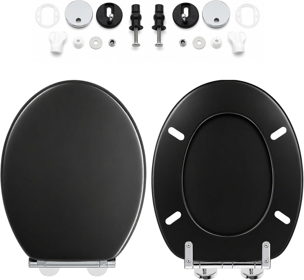Black MDF soft close toilet seat with chrome-effect hinges