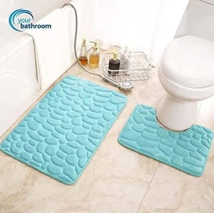 Soft memory foam bath and toilet mats in cyan