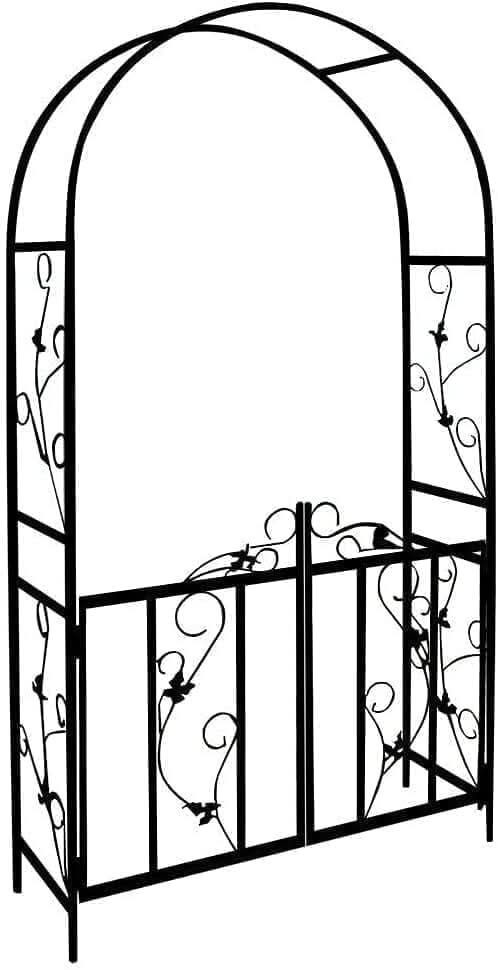 Tall black steel arch supporting climbing roses