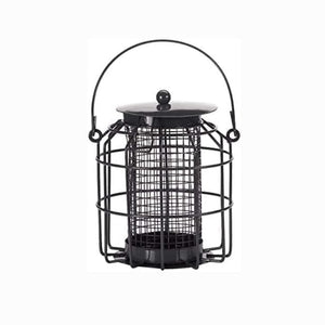 Caged peanut feeder hanging outdoors