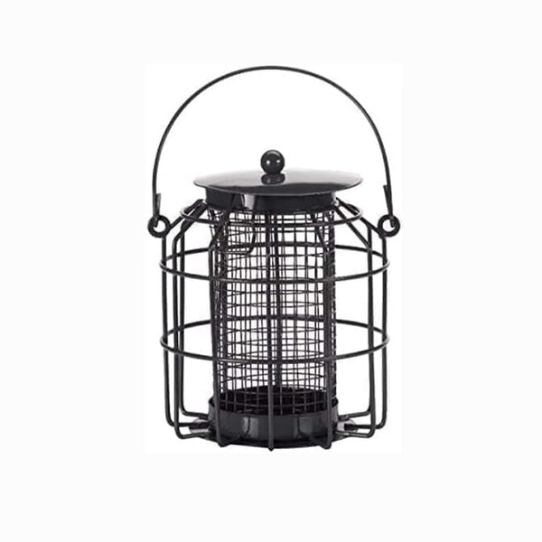 Caged peanut feeder hanging outdoors