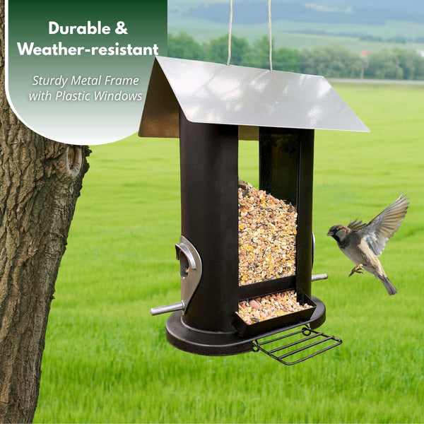 Hanging bird feeder mounted in an outdoor garden.