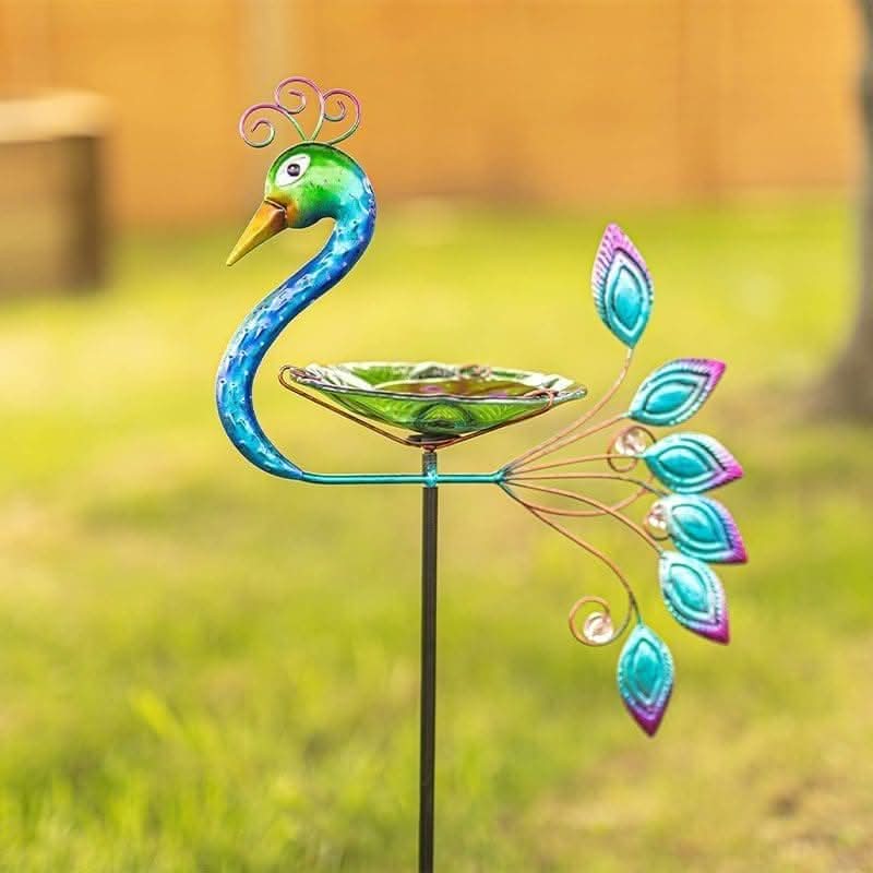 Metal peacock garden bird bath and feeder