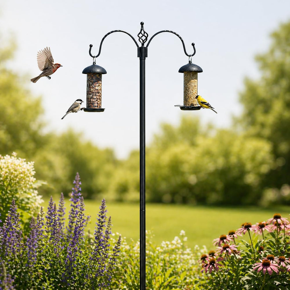 Metal wild bird feeding station with hanging hooks