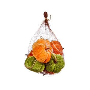 Bag of felt pumpkins in orange and green on a white background