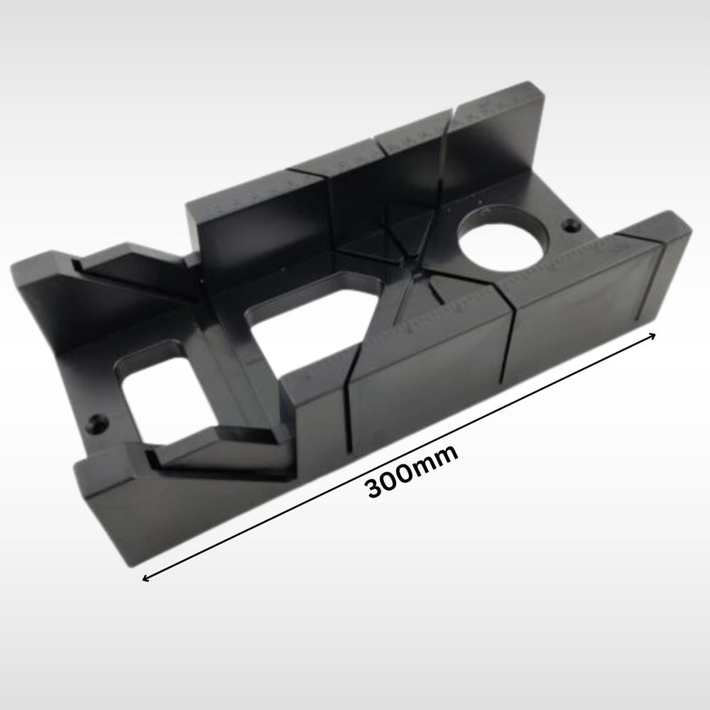 Black 12 inch woodworking mitre box.