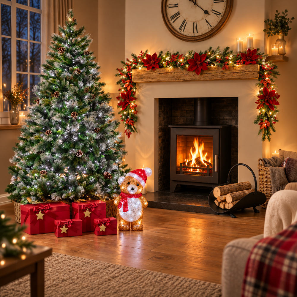 A beautifully decorated Christmas living room with a lit artificial tree, red wrapped gifts, a glowing teddy bear decoration, a wood-burning fireplace with festive garlands, and warm ambient lighting.