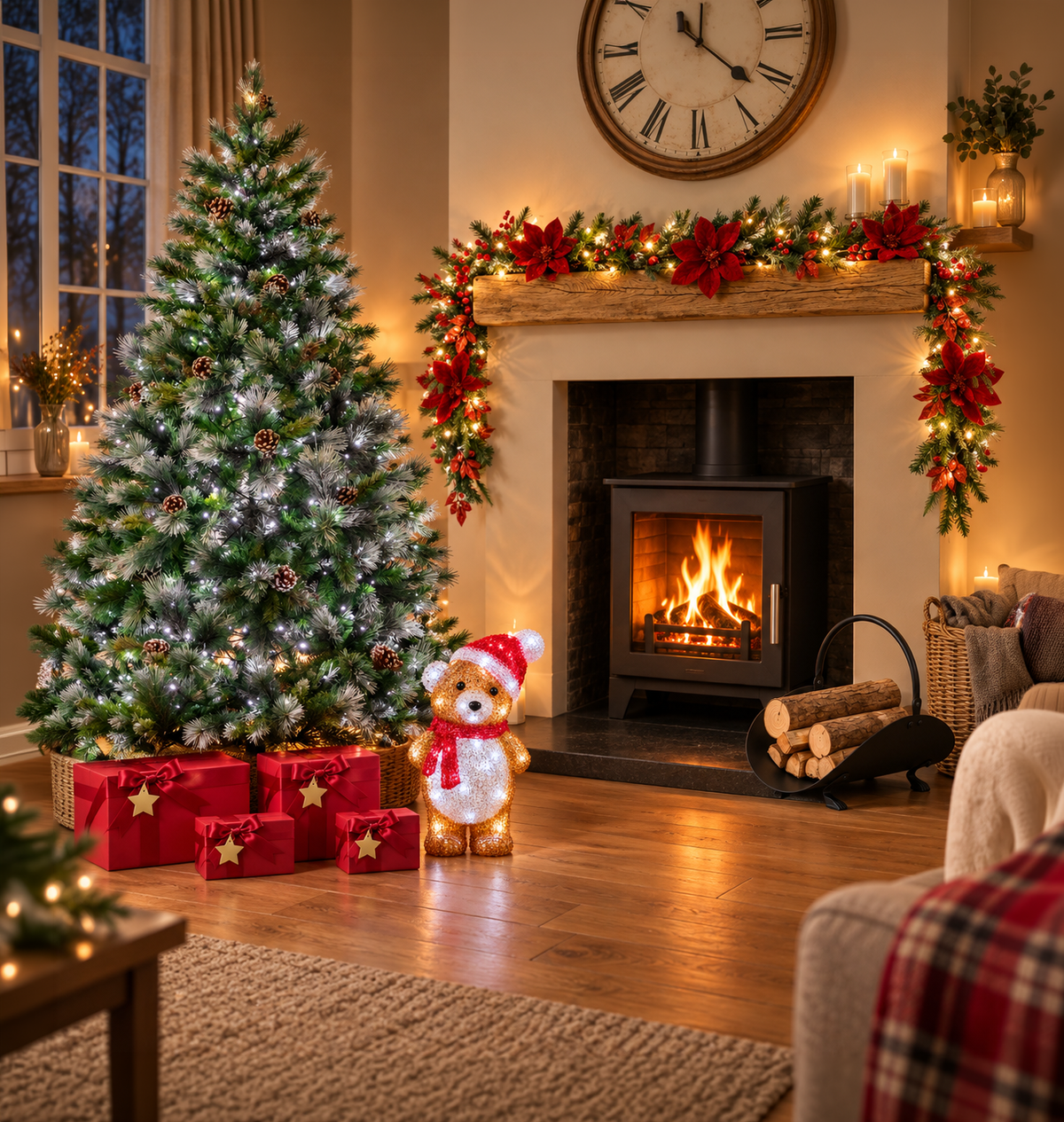 A beautifully decorated Christmas living room with a lit artificial tree, red wrapped gifts, a glowing teddy bear decoration, a wood-burning fireplace with festive garlands, and warm ambient lighting.