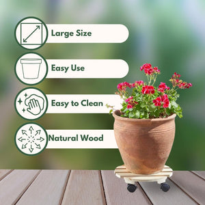 Round wooden pot trolley protecting indoor flooring.