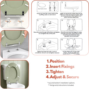 Contemporary sage green toilet seat with adjustable hinges