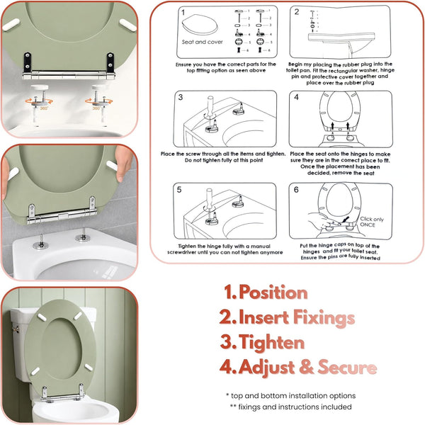 Contemporary sage green toilet seat with adjustable hinges