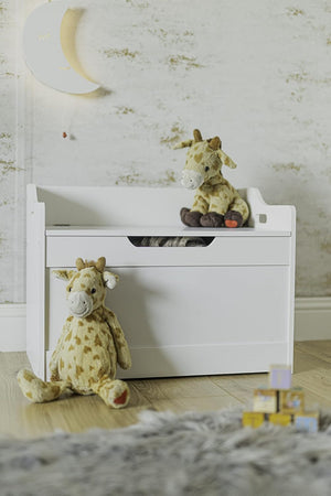 Modern white toy chest for organised playroom storage