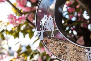 Hanging silver bird feeder on garden hook