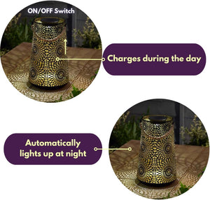 Hanging solar LED lantern on a pergola at dusk.
