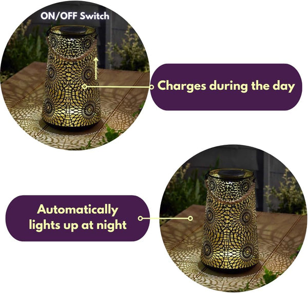 Hanging solar LED lantern on a pergola at dusk.