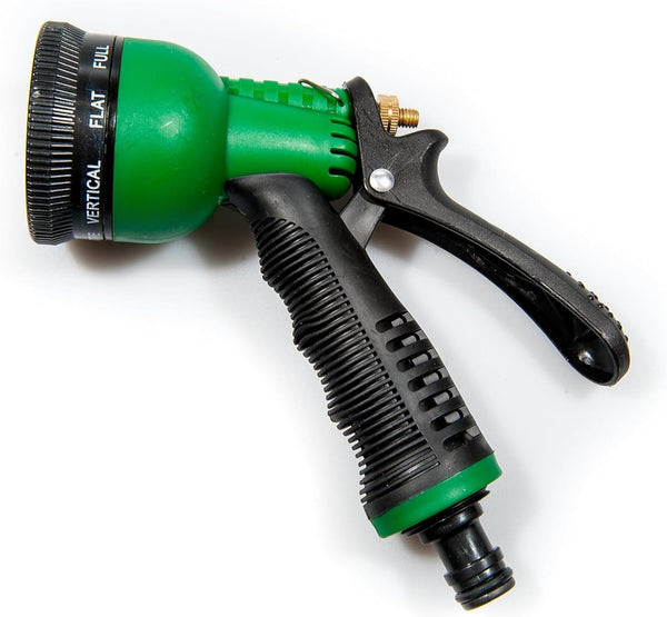 Ergonomic garden watering nozzle attached to hose.
