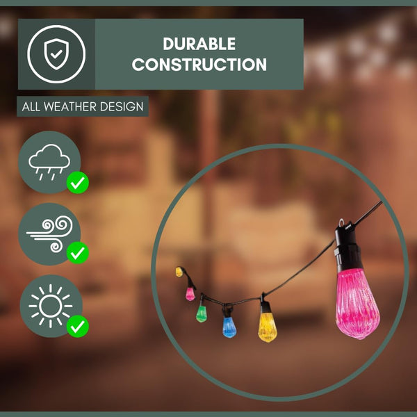 outdoor patio lighting with multicolour festoon bulbs