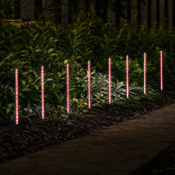 Colour changing solar lights positioned in a flower bed